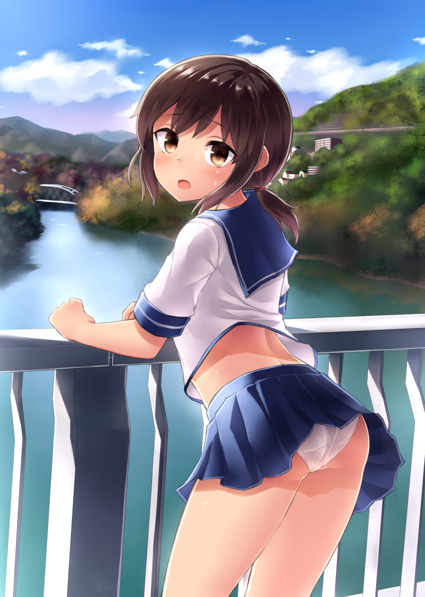 1girl ass black_hair bridge brown_eyes clouds cloudy_sky day fubuki_(kantai_collection) highres kantai_collection looking_back low_ponytail neit_ni_sei open_mouth panties ponytail river school_uniform serafuku short_hair short_ponytail sky solo underwear upskirt white_panties