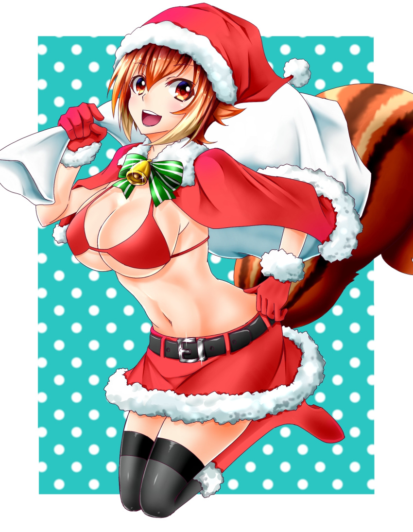 1girl bell belt bikini_top blazblue bow breasts brown_hair carrying_over_shoulder christmas chukachuka cleavage fur_trim gloves green_bow hand_on_hip hat highres large_breasts looking_at_viewer makoto_nanaya miniskirt multicolored_hair open_mouth orange_eyes red_bikini_top red_footwear red_gloves red_skirt sack santa_costume santa_hat short_hair skirt smile solo squirrel_tail tail thigh-highs two-tone_hair
