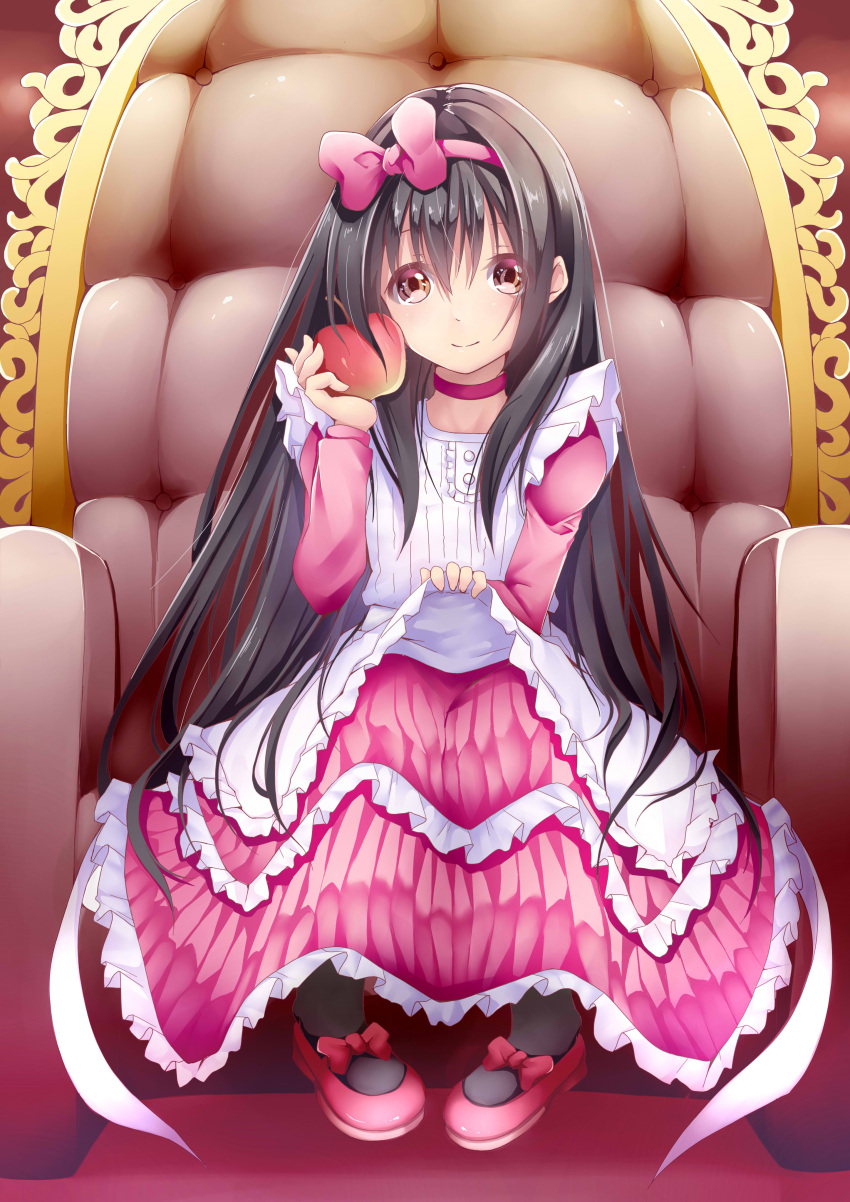 1girl absurdres apple apron armchair bangs black_hair black_legwear bow brown_eyes chair child closed_mouth commentary_request creek_(moon-sky) dress eyebrows_visible_through_hair food frilled_apron frilled_dress frills fruit full_body hair_between_eyes hairband highres holding holding_fruit long_hair looking_at_viewer mary_janes original pantyhose pigeon-toed pink_bow pink_dress pink_hairband red_apple red_bow red_footwear shoes sitting smile solo white_apron youjo_(creek_(moon-sky))