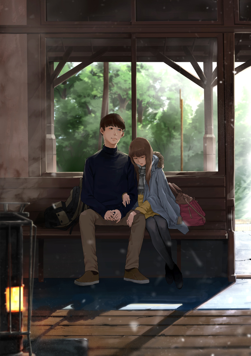 1boy 1girl absurdres arm_hug backpack bag brown_hair closed_eyes coat commentary_request couple highres leaning_on_person long_hair looking_away looking_to_the_side original pantyhose sitting sleeping sleeping_on_person somehira_katsu train_station wide_shot