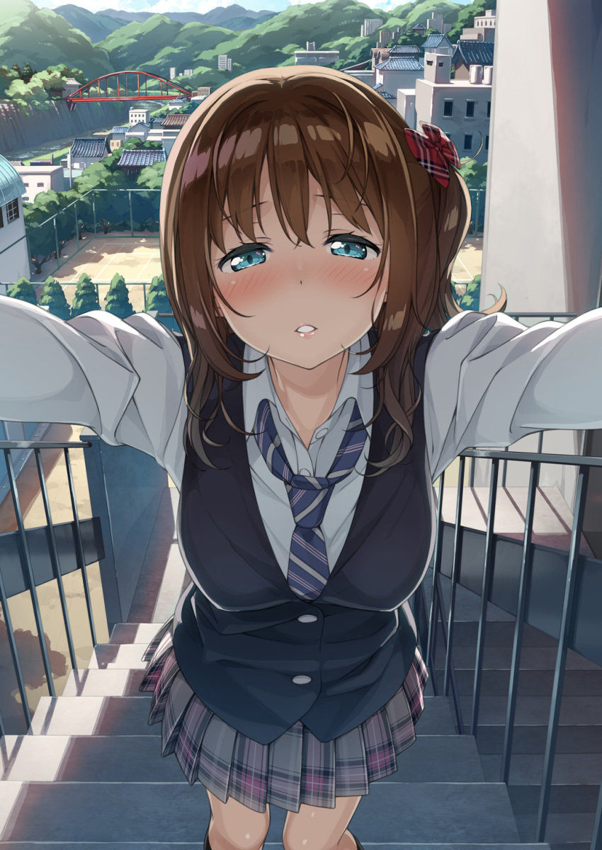1girl bangs black_vest blue_neckwear blush bow breasts bridge collared_shirt day grey_skirt hair_bow half-closed_eyes highres imminent_kiss kantoku lips long_hair long_sleeves looking_at_viewer medium_breasts miniskirt mountainous_horizon necktie one_eye_closed one_side_up original outdoors outstretched_arms parted_lips plaid plaid_bow plaid_skirt pleated_skirt pov railing red_bow river school_uniform shiny shiny_hair shirt skirt solo stairs standing striped_neckwear tareme town tree vest wing_collar