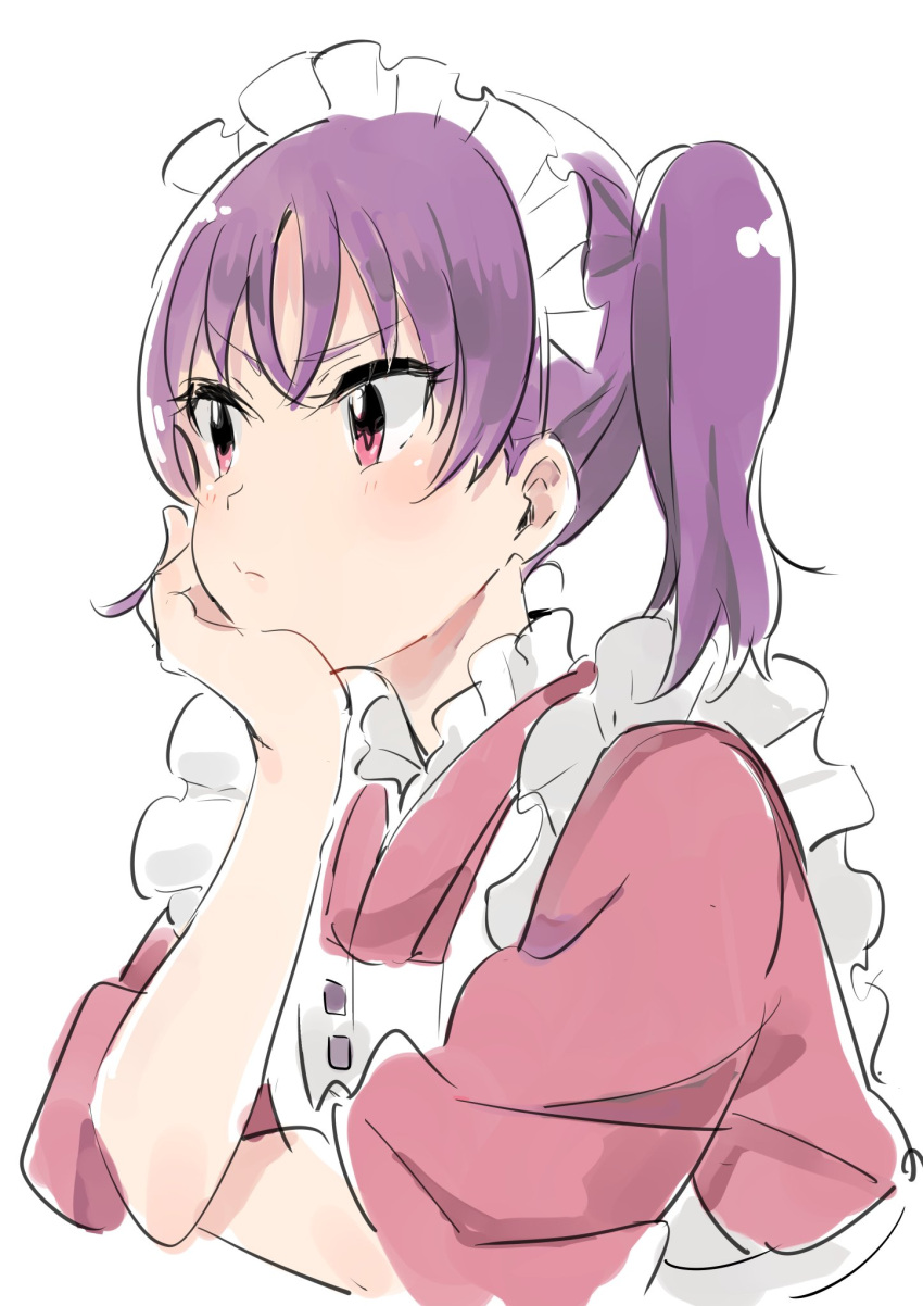 1girl apron bangs blush chin_rest closed_mouth commentary_request dress eyebrows_visible_through_hair hand_up highres kazuno_leah love_live! love_live!_sunshine!! maid maid_apron maid_headdress monsieur one_side_up pink_dress pink_eyes purple_hair short_hair simple_background sleeves_rolled_up solo white_background