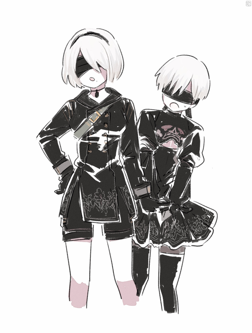 1boy 1girl blindfold choker cosplay crossdressinging dress embarrassed gloves gyullim highres nier_(series) nier_automata short_hair shorts simple_background sketch skirt sweatdrop white_background yorha_no._2_type_b yorha_no._2_type_b_(cosplay) yorha_no._9_type_s yorha_no._9_type_s_(cosplay)