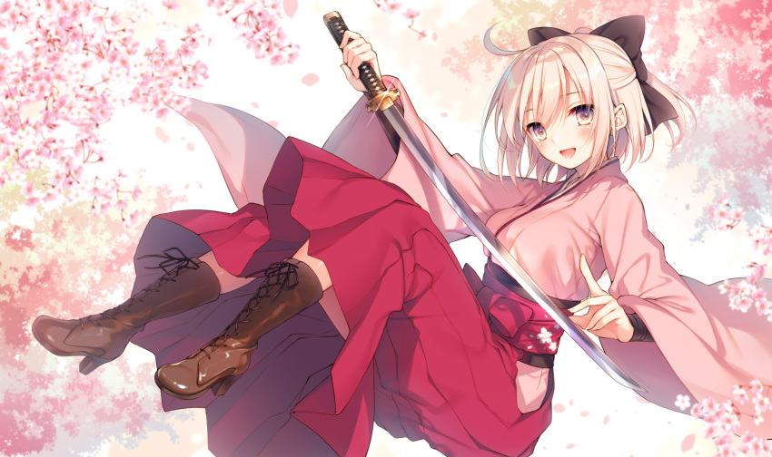 1girl :d ahoge bangs black_bow blonde_hair blush boots bow brown_footwear cherry_blossoms cross-laced_footwear fate_(series) full_body glint hair_bow hakama half_updo highres hip_vent holding holding_sword holding_weapon japanese_clothes katana kimono knee_boots koha-ace lace-up_boots long_sleeves midair okita_souji_(fate) open_mouth petals pink_hakama pink_kimono sheath short_hair smile solo sword toosaka_asagi unsheathing weapon wide_sleeves yellow_eyes