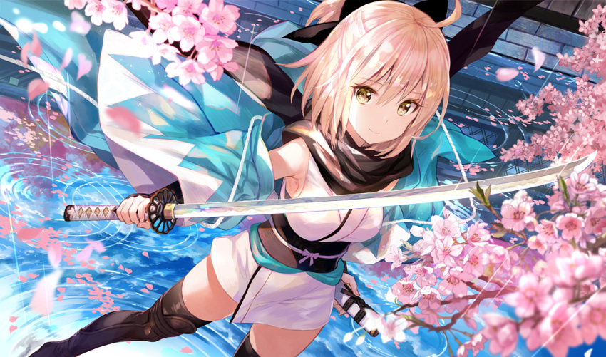 1girl ahoge armpits bangs bare_shoulders black_bow black_footwear black_scarf blonde_hair blush boots bow breasts cherry_blossoms closed_mouth fate_(series) fuji_choko hair_bow holding holding_sword holding_weapon japanese_clothes katana kimono koha-ace long_sleeves looking_at_viewer medium_breasts off_shoulder okita_souji_(fate) open_clothes ponytail reflection ripples sash scarf shiny shiny_hair short_hair smile solo standing sword thigh-highs thigh_boots tree_branch unsheathed water weapon white_bow white_kimono wide_sleeves yellow_eyes zettai_ryouiki