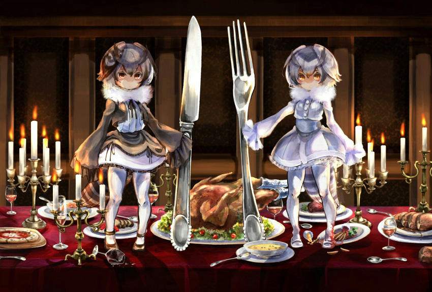 2girls adapted_costume arm_at_side bird_tail broccoli brown_eyes brown_hair candle candlestand chicken_(food) closed_mouth commentary_request cup dirty_clothes drinking_glass eurasian_eagle_owl_(kemono_friends) fire food fork full_body fur_collar glass grey_hair hair_between_eyes highres holding holding_weapon indoors kemono_friends knife long_sleeves looking_at_viewer medium_hair multicolored_hair multiple_girls noah_(noxxxmo) northern_white-faced_owl_(kemono_friends) open_clothes open_vest outstretched_arm pantyhose pizza plate serious shirt skirt sleeves_past_wrists spoon standing table tail vest weapon white_legwear wide_sleeves wine_glass