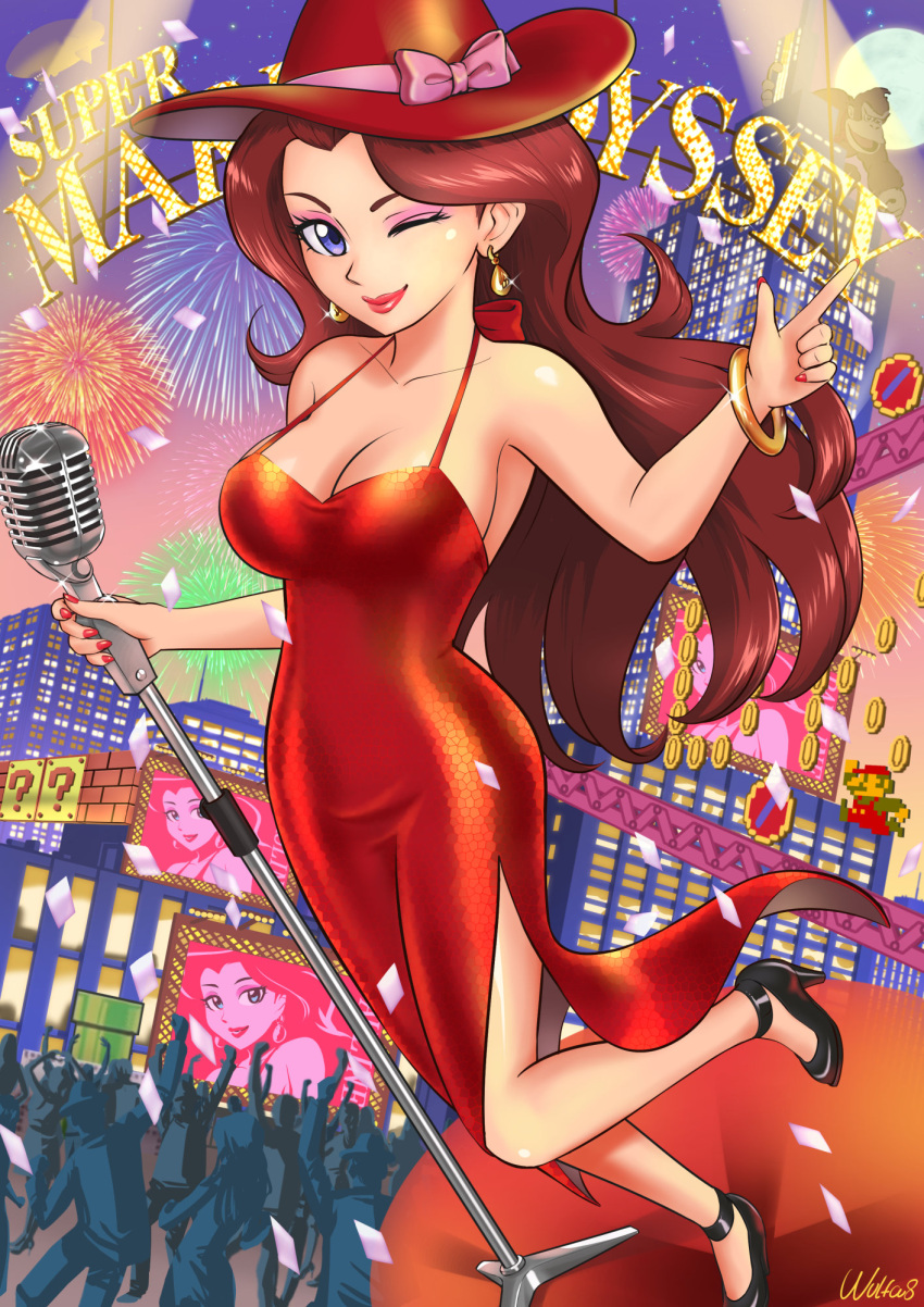 1girl ;) bangle blue_eyes bracelet breasts brown_hair building city cleavage crowd donkey_kong dress earrings fireworks full_body full_moon hat high_heels highres jewelry large_breasts lipstick makeup super_mario_bros. microphone moon nail_polish night one_eye_closed pauline red_carpet red_dress red_lipstick red_nails sideboob sky smile solo super_mario_bros. super_mario_odyssey ur_(wulfa)