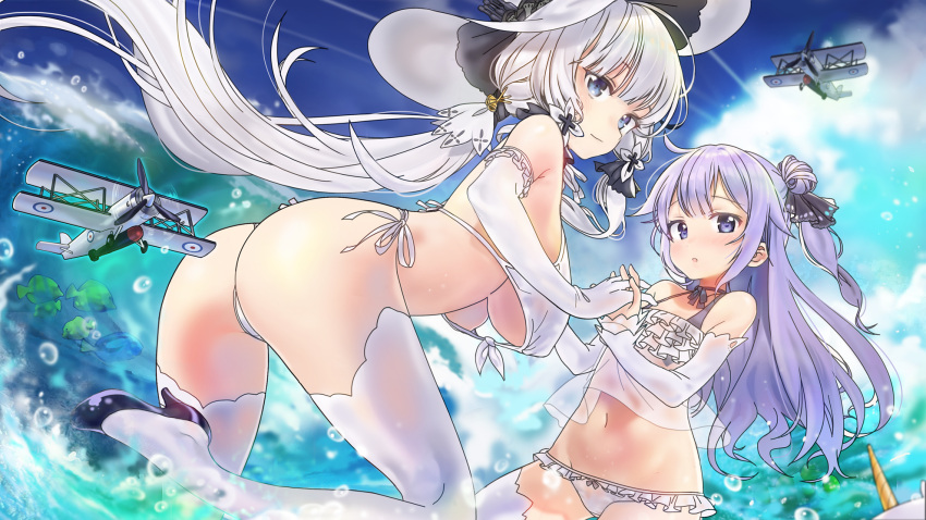 ass azur_lane bangs bikini blue_eyes breasts elbow_gloves frilled_swimsuit frills gloves hair_bun hand_holding hat high_heels highres illustrious_(azur_lane) large_breasts long_hair low_twintails naisho_na_zuku_doori ocean purple_hair side_bun swimsuit thigh-highs twintails under_boob unicorn_(azur_lane) white_swimsuit