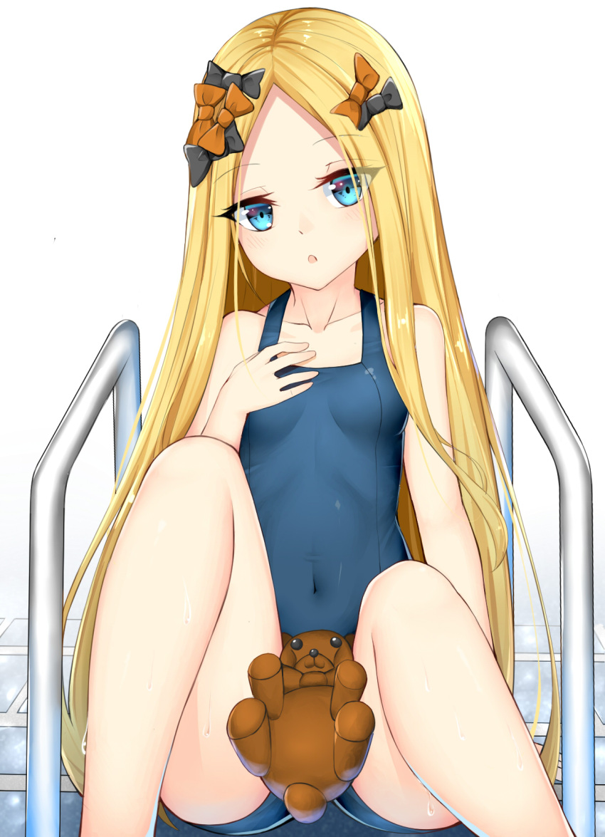 1girl :o abigail_williams_(fate/grand_order) alternate_costume bangs bare_arms bare_shoulders black_bow blonde_hair blue_eyes bow breasts chixiao closed_eyes collarbone commentary_request covered_navel eyebrows_visible_through_hair fate/grand_order fate_(series) forehead hair_bow hand_on_own_chest hand_up head_tilt highres long_hair looking_at_viewer one-piece_swimsuit orange_bow parted_bangs parted_lips poolside school_swimsuit sitting small_breasts solo stuffed_animal stuffed_toy swimsuit teddy_bear tile_floor tiles very_long_hair wet white_background