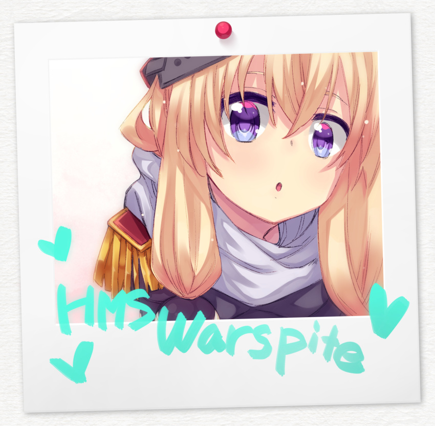 1girl :o akino_sora azur_lane bangs blonde_hair blue_eyes blush character_name epaulettes hair_between_eyes hair_bobbles hair_ornament heart highres long_hair looking_at_viewer open_mouth photo_(object) scarf solo warspite_(azur_lane)