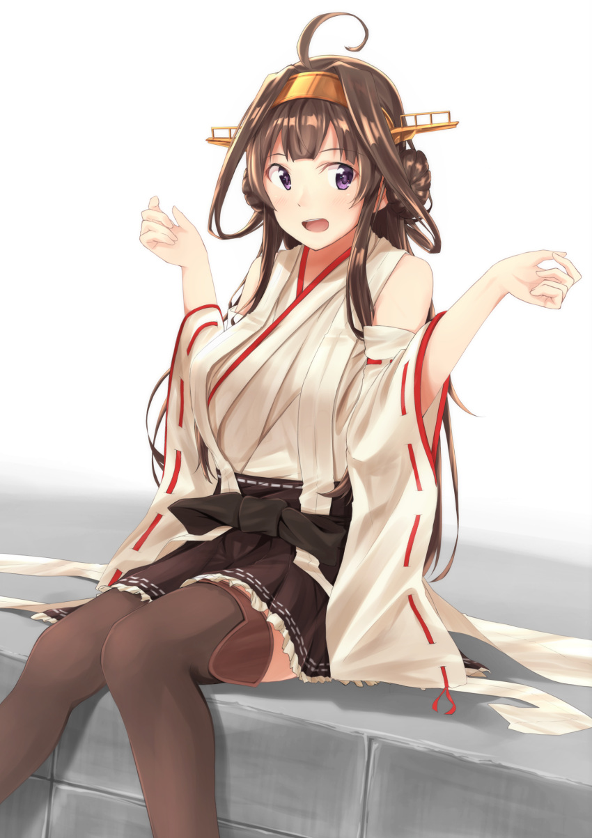 absurdres ahoge bare_shoulders boots brown_hair detached_sleeves double_bun hairband headgear highres japanese_clothes kantai_collection kongou_(kantai_collection) long_hair nontraditional_miko open_mouth remodel_(kantai_collection) ribbon-trimmed_sleeves ribbon_trim sitting skirt taka-chan thigh-highs thigh_boots