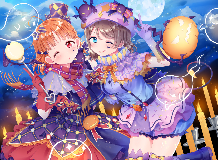 2girls ;q absurdres ahoge bangs bat bat_hair_ornament blue_bow blue_eyes bow braid candle demon_tail dress elbow_gloves facial_mark full_moon ghost gloves grey_hair hair_bow hair_ornament halloween hat hat_bow highres hina_(hinalovesugita) index_finger_raised jack-o'-lantern looking_at_viewer love_live! love_live!_sunshine!! moon multiple_girls neck_ruff night one_eye_closed orange_hair purple_gloves red_eyes red_gloves scarf side_braid striped striped_bow tail takami_chika tongue tongue_out top_hat wand watanabe_you