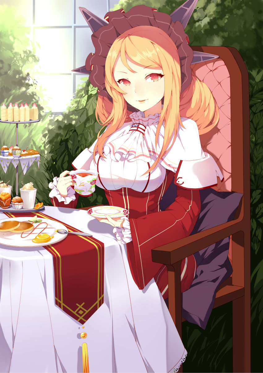 1girl absurdres blonde_hair bonnet chair cup dress drill_hair highres holding holding_cup iiiroha long_hair plate red_dress red_eyes sitting smile solo table teacup warspite_(zhan_jian_shao_nyu) zhan_jian_shao_nyu