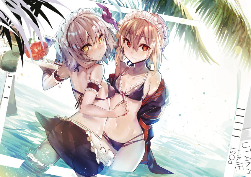 2girls akieda apron arm_garter arms_behind_back artoria_pendragon_(all) ass bikini black_bikini blush braid breasts collarbone dutch_angle eyebrows_visible_through_hair fate/grand_order fate_(series) flower from_behind hair_ribbon hibiscus jacket jeanne_d'arc_(alter)_(fate) jeanne_d'arc_(fate)_(all) light_brown_hair looking_at_viewer looking_back maid_bikini maid_headdress multiple_girls mysterious_heroine_x_(alter) navel off_shoulder open_clothes open_jacket outdoors parted_lips red_eyes ribbon see-through short_hair silver_hair skirt small_breasts sparkle swimsuit tray wading waist_apron water wet wet_hair wristband yellow_eyes