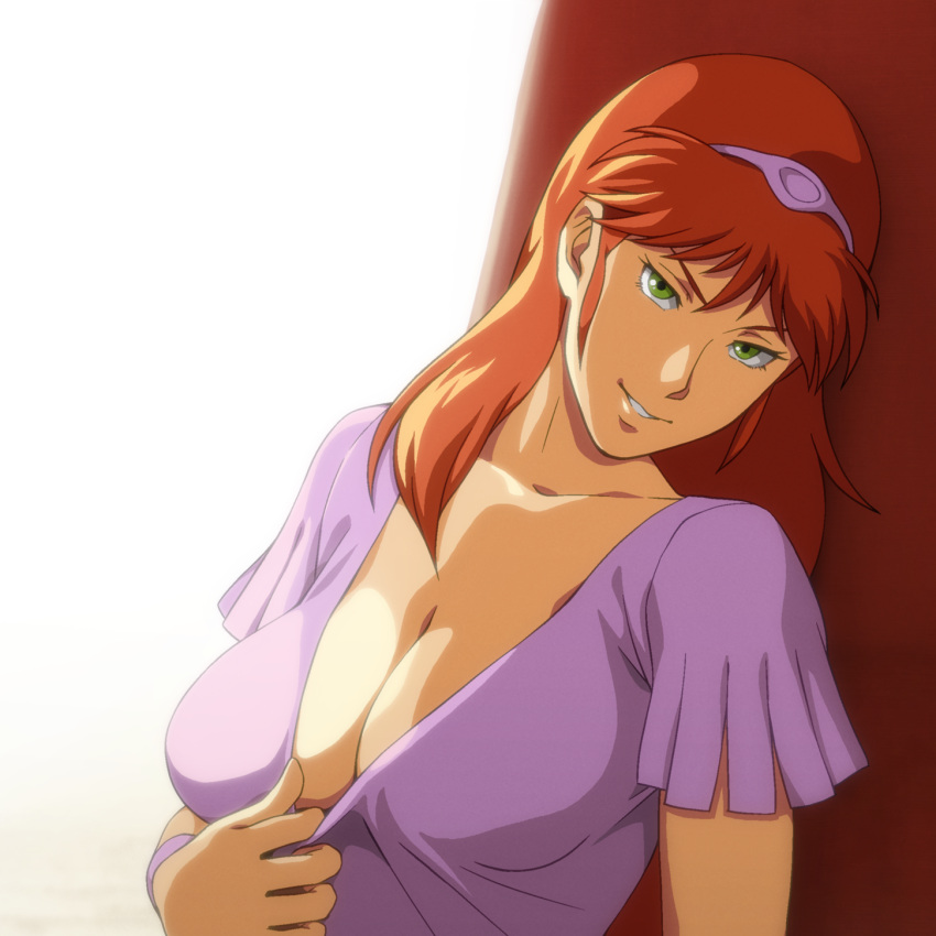 1girl breasts cleavage commentary_request green_eyes highres hilmuka kikou-kai_galient kuroiani large_breasts long_hair redhead shirt_pull solo
