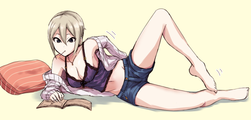 1girl barefoot black_eyes book breasts camisole cardigan cleavage collarbone denim denim_shorts feet food grey_hair hair_between_eyes idolmaster idolmaster_cinderella_girls keikesu knee_up legs lying medium_breasts mouth_hold navel off_shoulder on_side open_book open_cardigan open_clothes pillow pocky purple_camisole reading shiomi_shuuko short_hair shorts simple_background solo sweater waist white_sweater