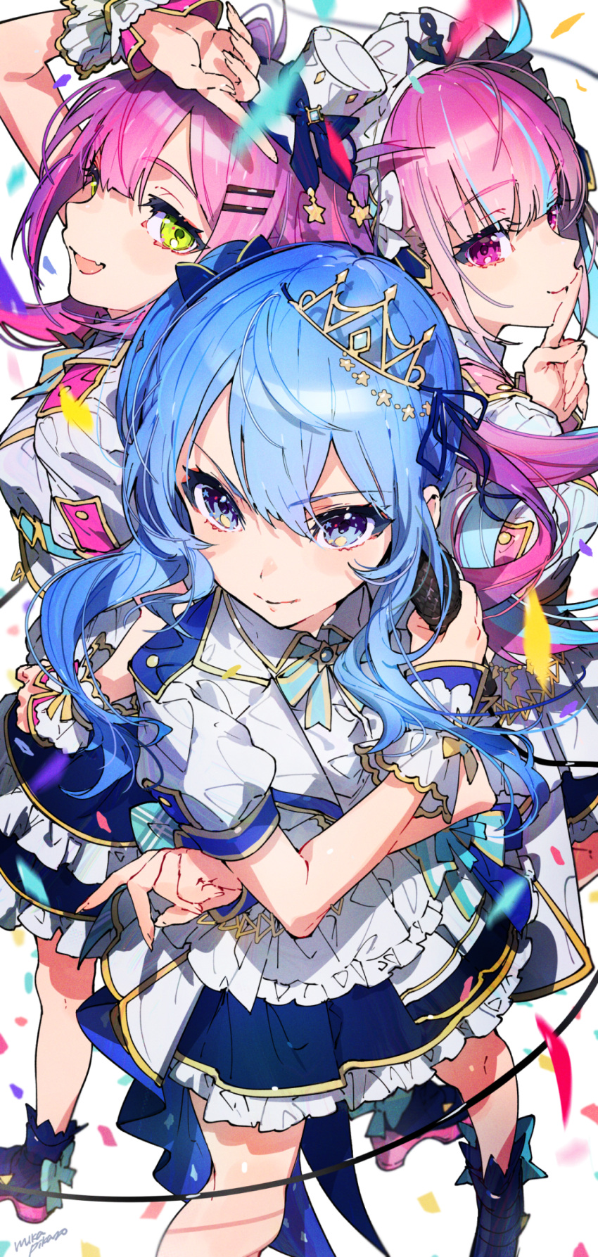 3girls anchor_hair_ornament anchor_print anchor_symbol blue_eyes blue_hair blue_skirt blush braid colored_inner_hair commentary crossed_arms crown foreshortening from_above green_eyes hair_between_eyes hair_ornament hairband highres holding holding_microphone hololive hololive_idol_uniform_(bright) hoshimachi_suisei long_hair microphone mika_pikazo minato_aqua multicolored_hair multiple_girls open_mouth pink_eyes pink_hair skirt star_(symbol) startend_(hololive) streaked_hair tokoyami_towa two-tone_hair violet_eyes virtual_youtuber