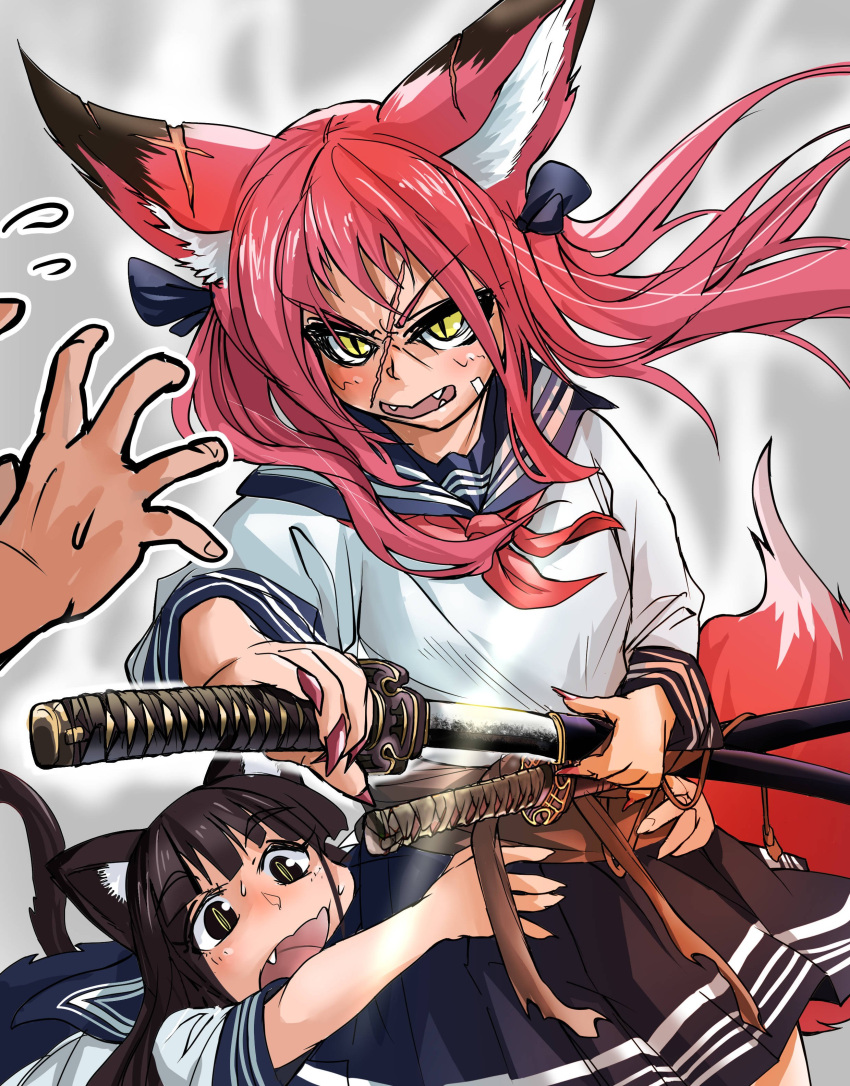 1boy 2girls absurdres angry animal_ears bangs black_eyes black_skirt blue_sailor_collar blue_skirt blunt_bangs blush bow brown_hair commentary_request doitsuken eyebrows_visible_through_hair fangs flying_sweatdrops fox_ears fox_tail hair_bow highres holding holding_sheath holding_sword holding_weapon long_hair long_sleeves multiple_girls nail_polish neckerchief original out_of_frame parted_lips pleated_skirt purple_nails red_neckwear redhead sailor_collar scabbard scar school_uniform serafuku sheath shirt skirt slit_pupils standing sword tail unsheathing weapon white_shirt yellow_eyes