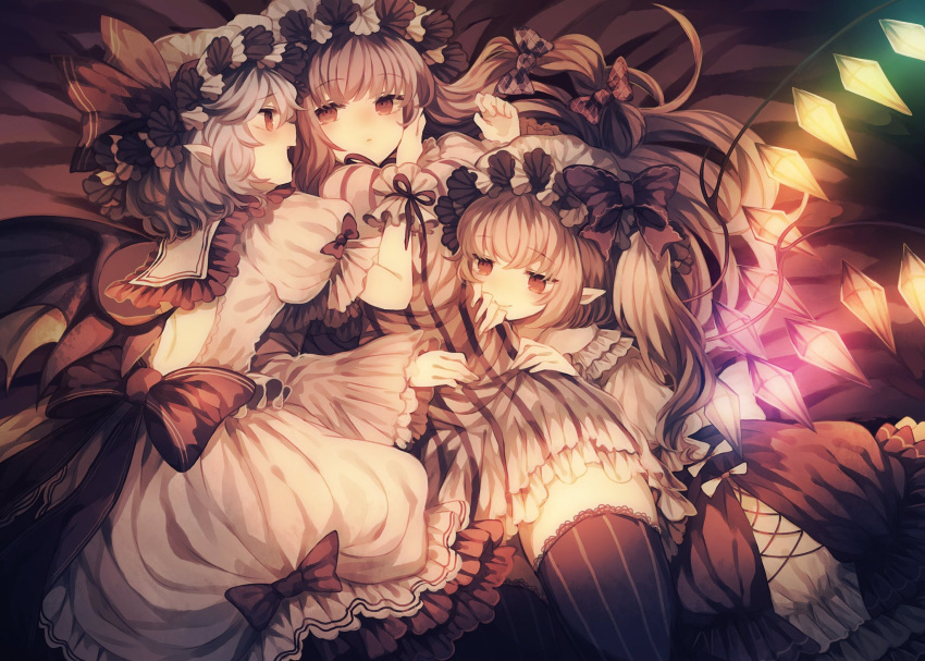 3girls blonde_hair blue_hair bow dress flandre_scarlet hat hat_bow hat_ribbon highres long_hair looking_at_another mob_cap multiple_girls patchouli_knowledge puffy_short_sleeves puffy_sleeves purple_hair red_eyes red_ribbon remilia_scarlet ribbon sash short_hair short_sleeves side_ponytail thigh-highs touhou wings wiriam07 yuri zettai_ryouiki