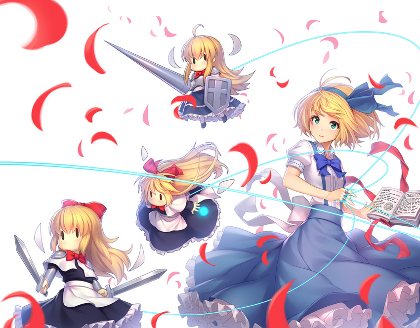 1girl alice_margatroid alice_margatroid_(pc-98) athrun1120 blonde_hair blue_bow blue_eyes blue_hairband blue_ribbon blue_skirt book bow dress hair_bow hair_ribbon hairband holding holding_book holding_sword holding_weapon lance long_hair petals petticoat polearm puffy_short_sleeves puffy_sleeves red_bow ribbon shanghai_doll shield shirt short_hair short_sleeves skirt suspenders sword touhou touhou_(pc-98) weapon white_shirt