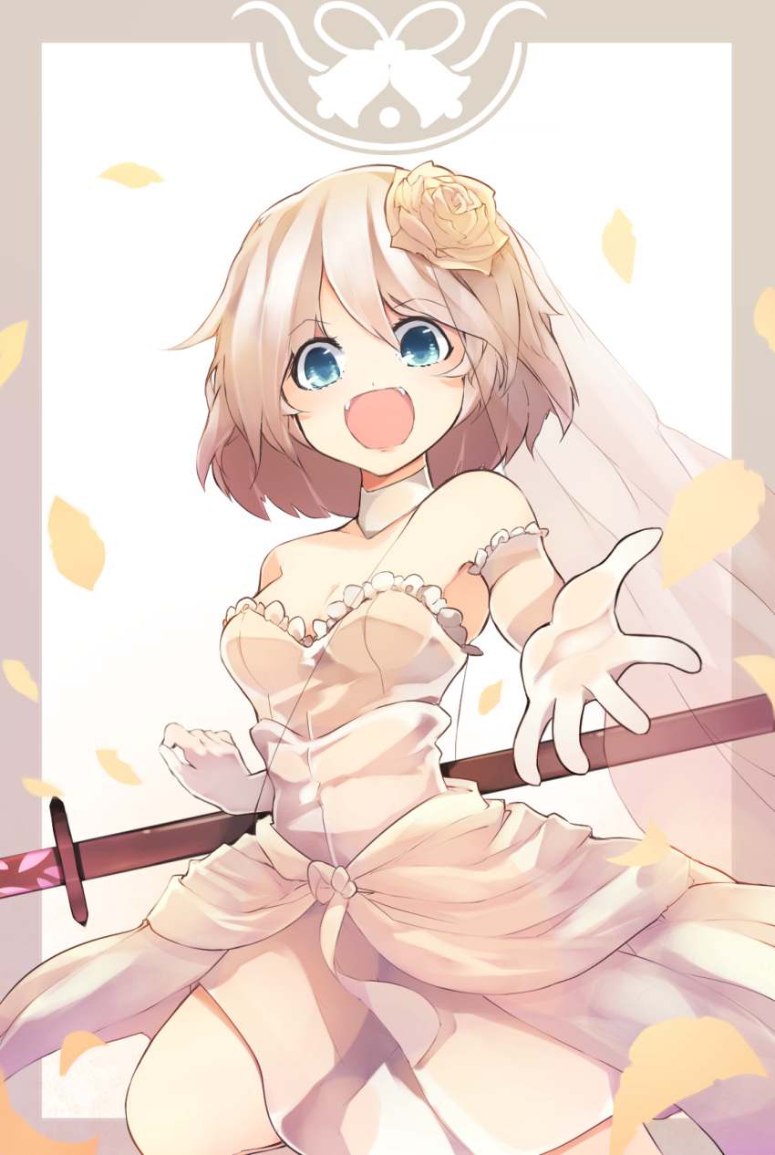 1girl bare_shoulders blue_eyes breasts bridal_veil chiroru_(cheese-roll) choker commentary dress flower hair_flower hair_ornament highres konpaku_youmu looking_at_viewer medium_breasts open_mouth petals reaching_out sheath sheathed short_hair smile solo strapless strapless_dress sword touhou veil weapon wedding_dress white_choker white_dress white_hair