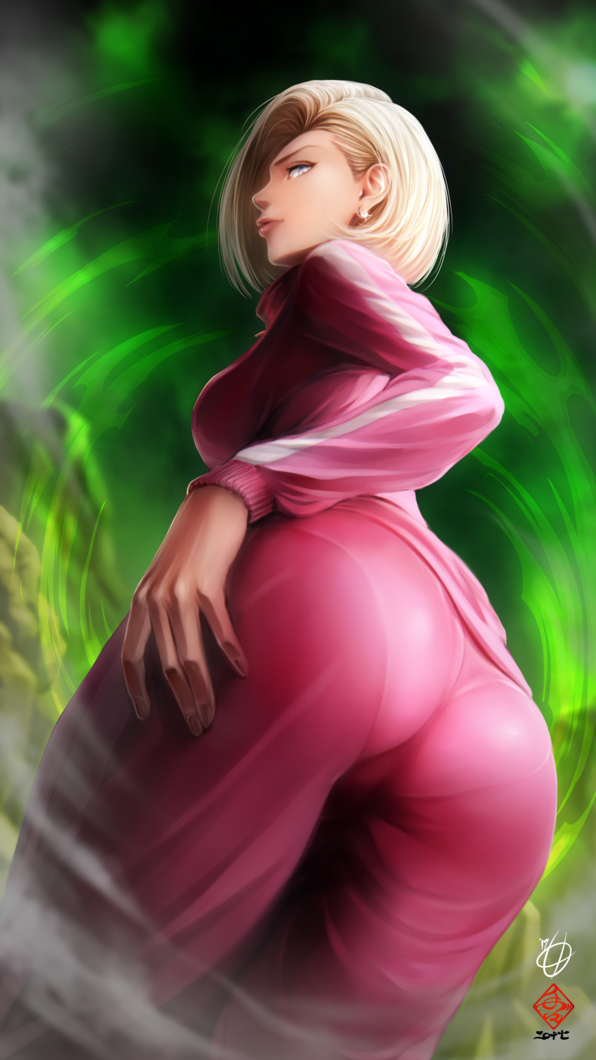 1girl absurdres android_18 ass blonde_hair blue_eyes dragon_ball dragon_ball_super earrings from_behind from_below highres jacket jewelry pants pantylines parted_lips short_hair solo tete_(amakuchichiyoko) track_jacket track_pants track_suit