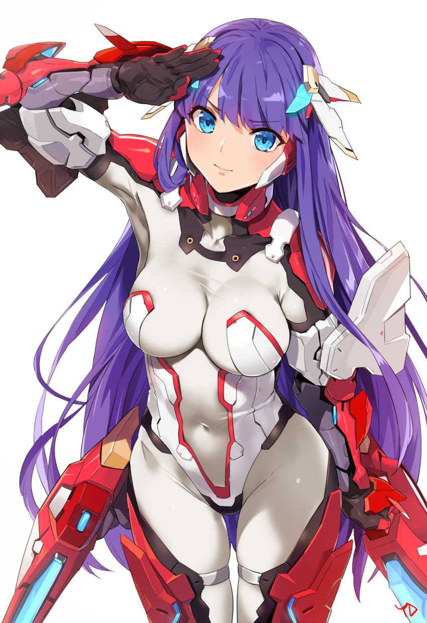 1girl absurdres adapted_costume aerial_drive arm_up bangs blue_eyes blunt_bangs bodysuit breasts closed_mouth commentary covered_navel cowboy_shot earrings eyebrows_visible_through_hair fate/grand_order fate_(series) gauntlets gloves headgear highres hips impossible_bodysuit impossible_clothes jewelry large_breasts long_hair looking_at_viewer mecha_musume purple_hair saint_martha salute signature simple_background solo thighs turtleneck white_background white_bodysuit yang-do