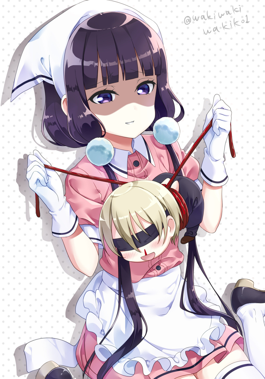 1boy 1girl :d absurdres apron bangs bdsm black_apron black_footwear black_pants blend_s blindfold blood blunt_bangs blush bondage bound brown_footwear chibi collared_shirt commentary_request copyright_name dino_(blend_s) eyebrows_visible_through_hair frilled_apron frills gloves hair_between_eyes hair_ornament head_scarf heart highres light_brown_hair long_hair low_twintails neki_(wakiko) nosebleed open_mouth pants parted_lips pink_shirt pink_skirt polka_dot polka_dot_background puffy_short_sleeves puffy_sleeves purple_hair restrained sakuranomiya_maika shaded_face shirt shoes short_sleeves sitting skirt smile stile_uniform thigh-highs tied_up twintails twitter_username very_long_hair violet_eyes waist_apron waitress wariza white_apron white_background white_gloves white_legwear