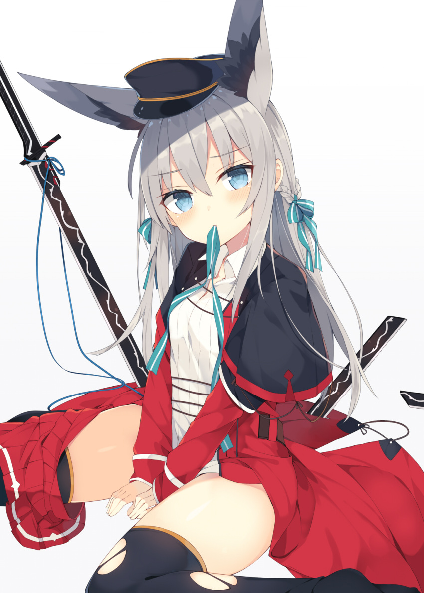 1girl animal_ears bangs between_legs black_capelet black_hat black_legwear blue_eyes blue_ribbon blush bow braid capelet closed_mouth collared_shirt dress eyebrows_visible_through_hair feet_out_of_frame fox_ears grey_background grey_hair hair_between_eyes hair_bow hair_ribbon hand_between_legs hat head_tilt highres long_hair long_sleeves looking_at_viewer military_hat mouth_hold nibiiro_shizuka no_shoes original peaked_cap pleated_skirt red_dress red_skirt ribbon ribbon_in_mouth shirt simple_background sitting skirt skirt_around_one_leg sleeves_past_wrists solo striped striped_bow striped_ribbon sword thigh-highs torn_clothes torn_thighhighs very_long_hair wariza weapon