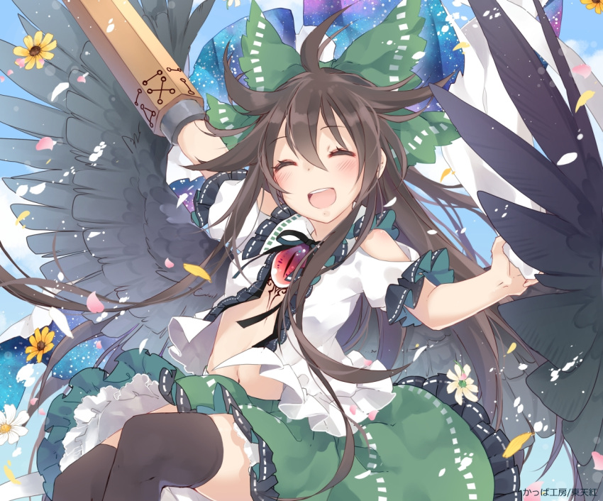 1girl arm_cannon arm_up black_footwear black_legwear black_wings bow brown_hair cape closed_eyes feathered_wings flower green_bow green_skirt hair_bow miniskirt open_clothes open_mouth open_shirt reiuji_utsuho shirt shoes skirt smile solo sunflower thigh-highs third_eye touhou toutenkou weapon white_shirt wings