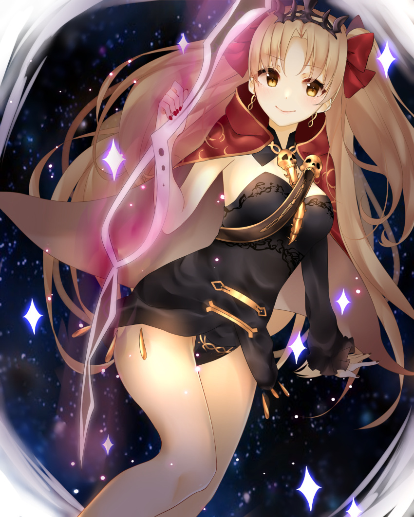 1girl absurdres ao_(user_ctez2482) black_leotard blonde_hair bow brown_eyes cape earrings ereshkigal_(fate/grand_order) eyebrows_visible_through_hair fate/grand_order fate_(series) floating_hair groin hair_bow hair_ornament highres jewelry leotard long_hair looking_at_viewer nail_polish red_bow red_cape red_nails smile solo strapless strapless_leotard tohsaka_rin twintails very_long_hair
