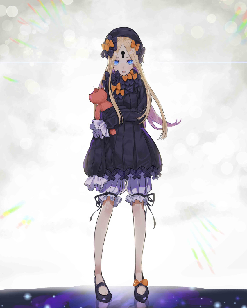1girl abigail_williams_(fate/grand_order) absurdres bangs black_bow black_dress black_footwear black_hat blonde_hair bloomers blue_eyes bow butterfly dress eyebrows_visible_through_hair fate/grand_order fate_(series) glowing glowing_eyes hair_bow hat highres holding holding_stuffed_animal keyhole long_hair long_sleeves looking_at_viewer open_mouth orange_bow parted_bangs polka_dot polka_dot_bow shoes sleeves_past_wrists solo standing stuffed_animal stuffed_toy teddy_bear teshima_nari underwear very_long_hair white_bloomers