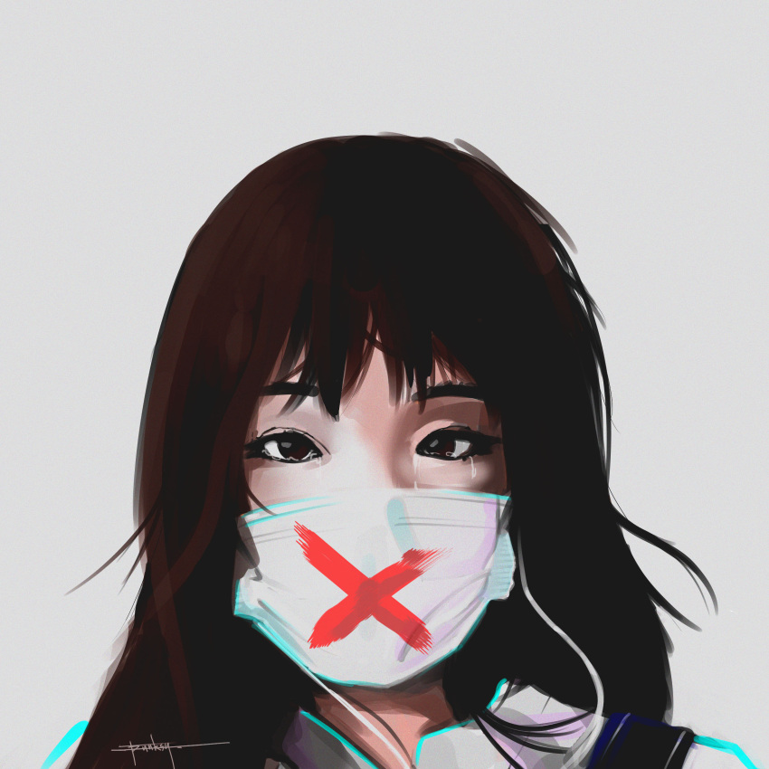 1girl absurdres brown_eyes brown_hair crying crying_with_eyes_open grey_background headphones highres long_hair looking_at_viewer original portrait sergey_orlov signature simple_background solo surgical_mask tears white_mask