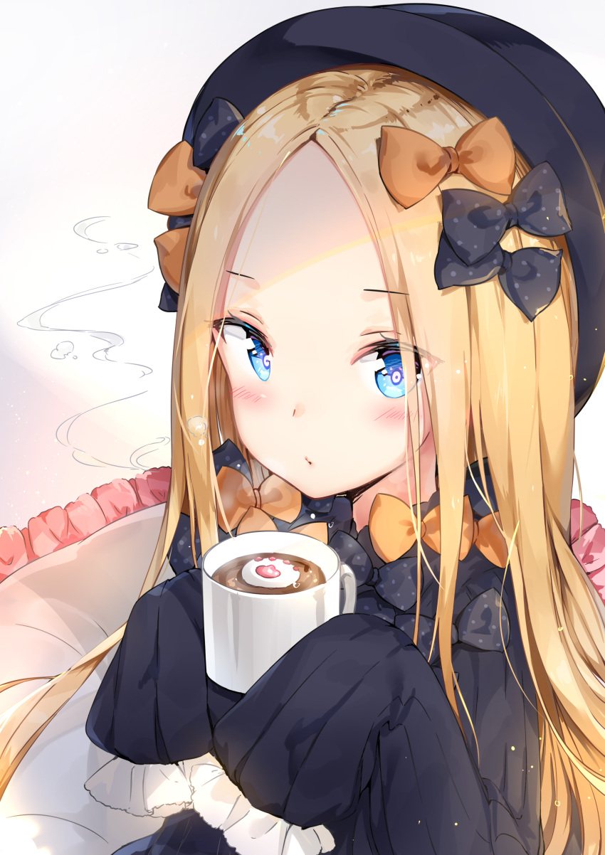 1girl abigail_williams_(fate/grand_order) absurdres bangs black_bow black_dress black_hat blonde_hair blowing blue_eyes bow coffee_mug commentary dress eyebrows_visible_through_hair fate/grand_order fate_(series) forehead frilled_pillow frills hair_bow hat highres holding_mug long_sleeves looking_at_viewer maya_g orange_bow parted_bangs pillow polka_dot polka_dot_bow sleeves_past_wrists solo steam