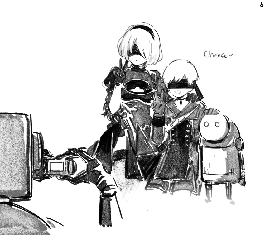 1boy 1girl black_dress black_hairband blindfold camera covered_eyes dress english faux_traditional_media feather-trimmed_sleeves gyullim hairband highres holding holding_camera mole mole_under_mouth monochrome nier_(series) nier_automata robot short_hair simple_background sketch smile taking_picture thigh-highs v white_background yorha_no._2_type_b yorha_no._9_type_s