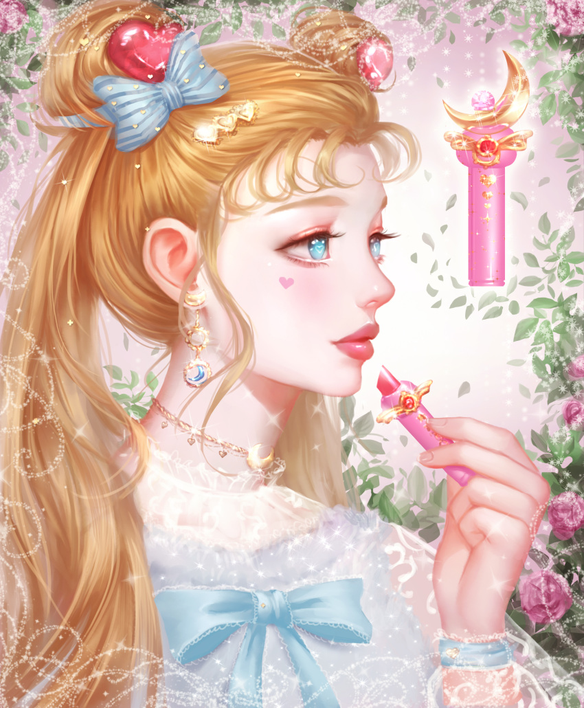 1girl absurdres bishoujo_senshi_sailor_moon blonde_hair blue_bow bow bowtie choker crescent double_bun earrings eyelashes facial_mark fingernails flower hair_bow hair_ornament hairclip heart heart-shaped_pupils heart_hair_ornament highres jewelry lace_trim lipstick long_hair looking_away makeup moon_stick pink_lips pink_rose profile rena_illusion rose solo symbol-shaped_pupils tsukino_usagi twintails very_long_hair