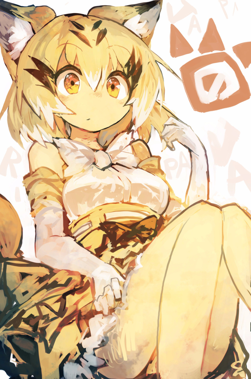 1girl absurdres animal_ears bangs bare_shoulders blonde_hair bow cat_ears cat_tail elbow_gloves eyebrows_visible_through_hair gloves hair_between_eyes hair_pull high-waist_skirt highres kaamin_(mariarose753) kemono_friends knees_together_feet_apart legs looking_at_viewer sand_cat_(kemono_friends) shirt short_hair sitting skirt sleeveless solo tail white_background white_shirt yellow_eyes