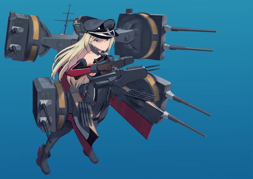 1girl bare_shoulders bismarck_(kantai_collection) blonde_hair blue_background blue_eyes brown_gloves cannon detached_sleeves fujibejifu full_body gloves grey_legwear hat kantai_collection long_hair military military_uniform peaked_cap rigging simple_background solo turret uniform