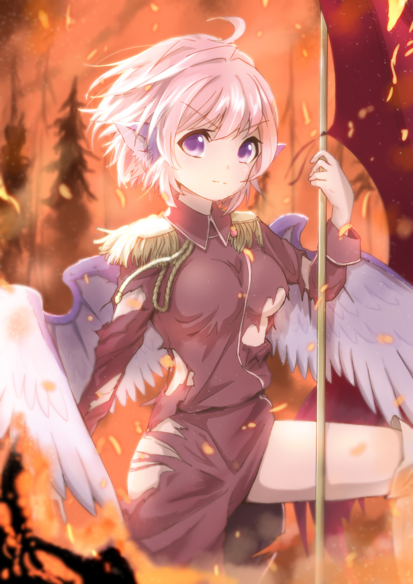 1girl ahoge aiguillette animal_ears bird_wings breasts commentary_request epaulettes fire flag flagpole highres kotarou_(yukina1721) lavender_hair looking_at_viewer medium_breasts military military_uniform mystia_lorelei shirt short_hair solo torn_clothes torn_shirt touhou under_boob uniform violet_eyes wings