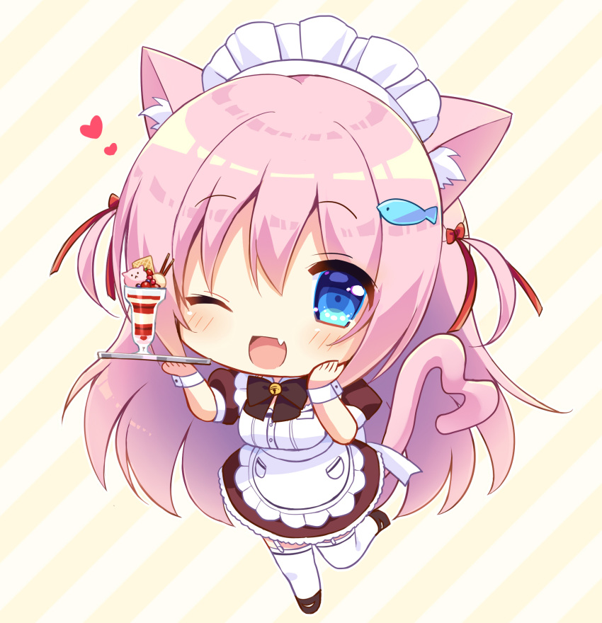 1girl ;d animal_ears apron bangs bell black_bow black_dress black_footwear blue_eyes blush bow cat_ears cat_girl cat_tail chibi commentary_request diagonal-striped_background diagonal_stripes dress eyebrows_visible_through_hair fang fish_hair_ornament frilled_apron frills full_body garter_straps hair_between_eyes hair_ornament heart heart_tail highres holding holding_tray jingle_bell looking_at_viewer maid_headdress natsuki_marina one_eye_closed open_mouth original parfait pink_eyes puffy_short_sleeves puffy_sleeves shoes short_sleeves smile solo standing standing_on_one_leg tail thigh-highs tray white_apron white_legwear wrist_cuffs