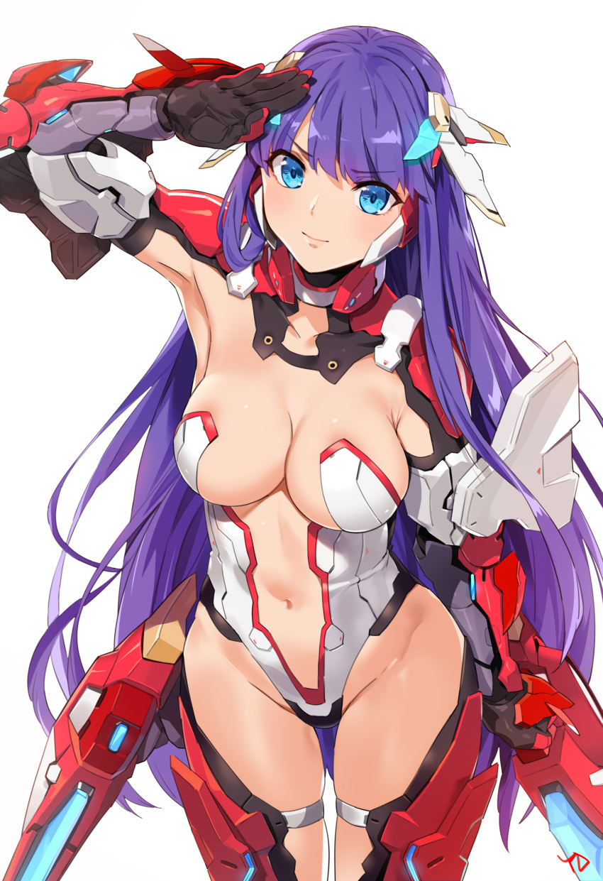 1girl absurdres adapted_costume aerial_drive arm_up bangs blue_eyes blunt_bangs bodysuit breasts closed_mouth commentary cowboy_shot earrings eyebrows_visible_through_hair fate/grand_order fate_(series) gauntlets gloves headgear highres hips impossible_bodysuit impossible_clothes jewelry large_breasts leotard long_hair looking_at_viewer mecha_musume navel purple_hair saint_martha salute signature simple_background solo thighs turtleneck white_background white_leotard yang-do