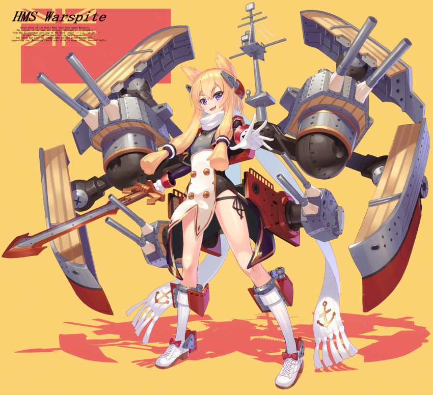 1girl :3 :d anchor_symbol animal_ears azur_lane bangs black_panties blonde_hair blush bow breasts cannon cat_ears character_name commentary_request cropped_jacket english eyebrows_visible_through_hair fringe gloves hair_between_eyes headgear highres holding holding_sword holding_weapon jacket kaina_(tsubasakuronikuru) kneehighs long_sleeves looking_at_viewer machinery open_mouth outstretched_arm panties pink_bow purple_jacket scarf shirt shoes short_hair_with_long_locks side-tie_panties sidelocks small_breasts smile sneakers solo standing sword turret underwear v-shaped_eyebrows violet_eyes warspite_(azur_lane) weapon white_gloves white_legwear white_scarf white_shirt yellow_background
