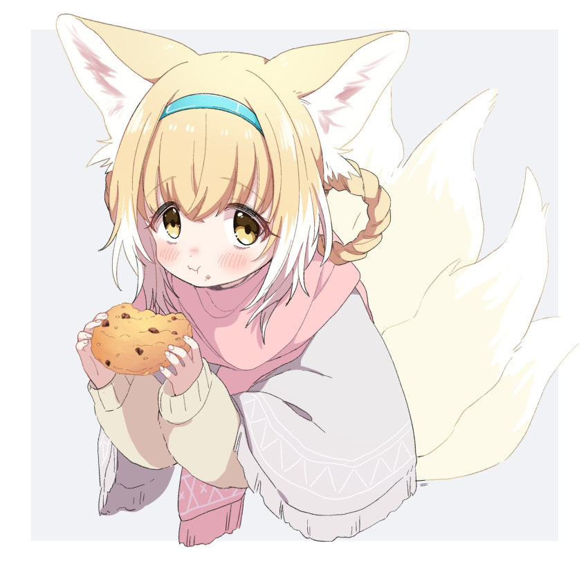 1919_decoy 1girl :t alternate_eye_color animal_ears arknights blonde_hair blue_hairband blush braid chocolate_chip_cookie cookie eating eyebrows_visible_through_hair food food_on_face fox_ears fox_girl fox_tail grey_background hairband highres holding holding_cookie holding_food kitsune looking_at_viewer multicolored_hair multiple_tails pink_scarf poncho scarf simple_background solo streaked_hair suzuran_(arknights) sweater tail upper_body white_hair yellow_eyes yellow_sweater