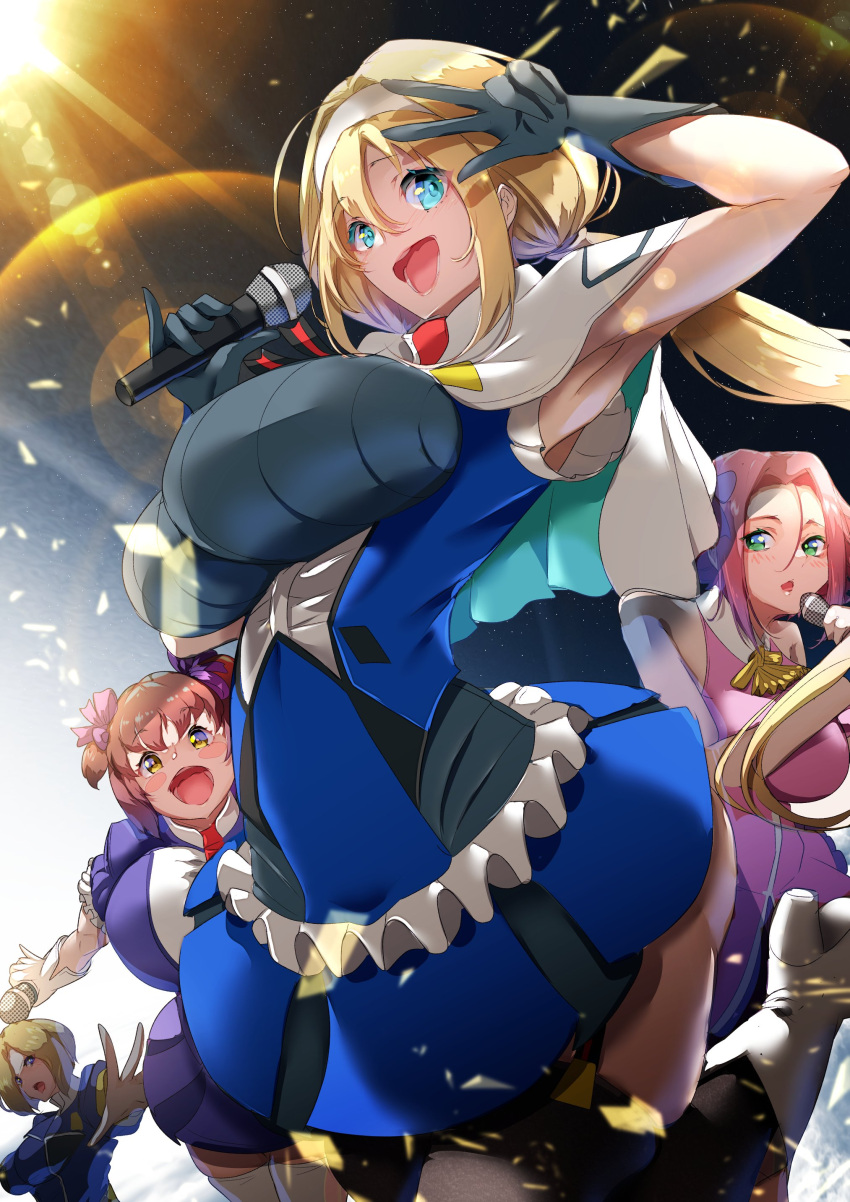 4girls absurdres adapted_costume blonde_hair blue_eyes breasts capelet hair_behind_ear hairband highres holding holding_microphone idol idol_clothes large_breasts low_twintails microphone mitsuba_greyvalley multiple_girls music sakusakusakurai singing super_robot_wars super_robot_wars_30 twintails v white_capelet white_hairband
