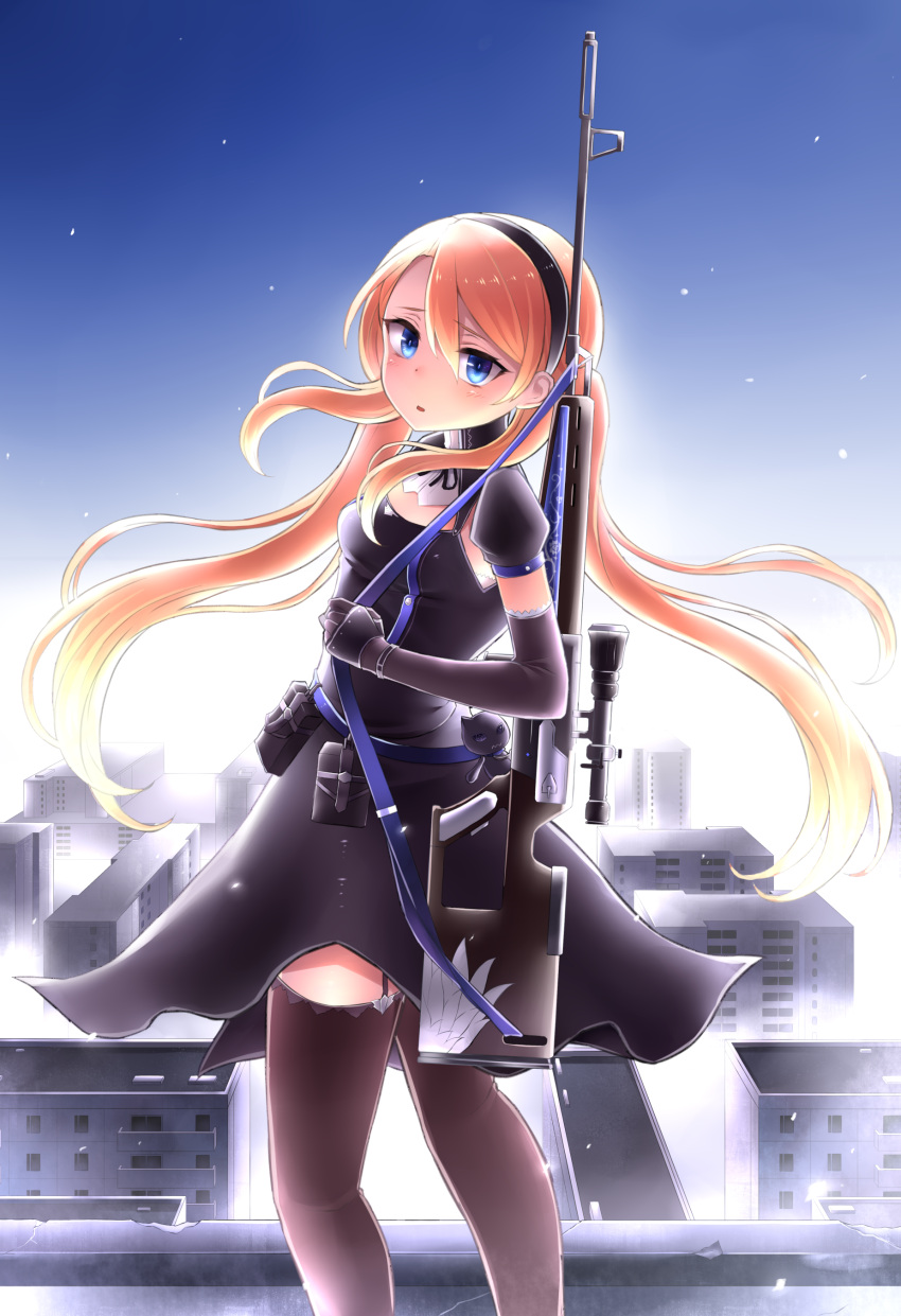 1girl absurdres belt blonde_hair blue_eyes breasts building commentary_request dress elbow_gloves elina_lavrentieva gloves gun hair_between_eyes hairband highres long_hair looking_at_viewer looking_back low_twintails neit_ni_sei night night_sky original puffy_short_sleeves puffy_sleeves rifle rooftop short_sleeves sky small_breasts solo thigh-highs twintails utility_belt weapon weapon_on_back
