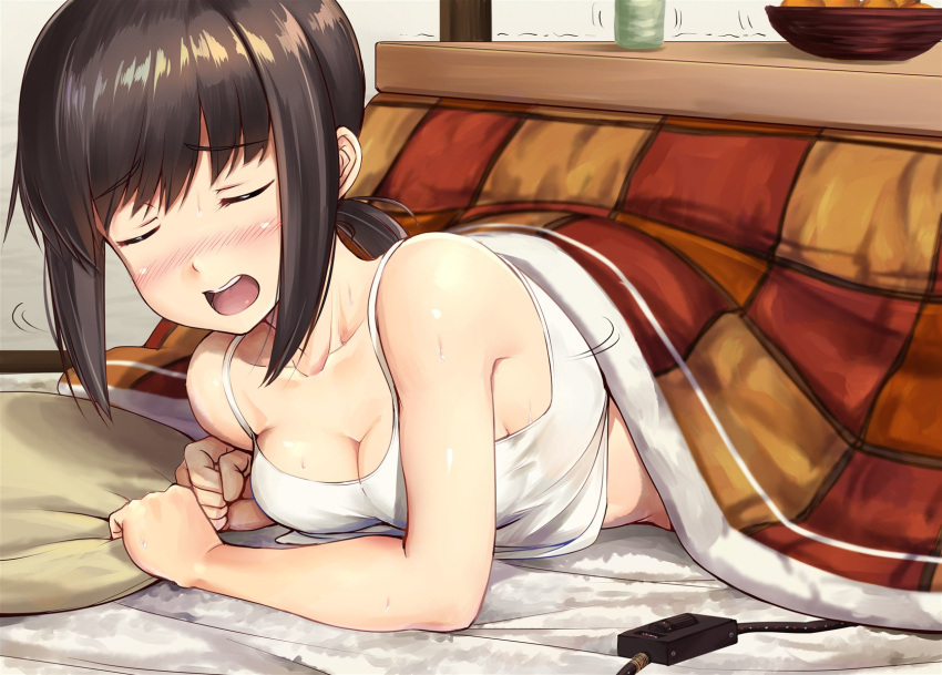 1girl bangs bare_arms bare_shoulders blush bowl breasts brown_hair cleavage closed_eyes collarbone cup eyebrows_visible_through_hair facing_viewer fubuki_(kantai_collection) highres ichikawa_feesu indoors kantai_collection kotatsu low_ponytail lying medium_breasts motion_lines nose_blush on_floor on_stomach open_mouth pillow pillow_grab round_teeth shirt sidelocks sleeveless solo sweat table teeth trembling under_kotatsu under_table upper_body white_shirt