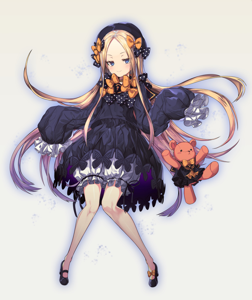 1girl abigail_williams_(fate/grand_order) absurdres bangs beige_background black_bow black_dress black_footwear black_hat black_sailor_collar black_serafuku black_shirt black_skirt blonde_hair bloomers blue_eyes bow bowtie butterfly closed_mouth commentary_request dress fate/grand_order fate_(series) forehead full_body hair_bow hat highres kw00789 long_sleeves looking_at_viewer mary_janes neckerchief orange_bow orange_neckwear parted_bangs pleated_skirt polka_dot polka_dot_bow sailor_collar school_uniform serafuku shirt shoes skirt sleeves_past_wrists smile solo stuffed_animal stuffed_toy teddy_bear underwear v-shaped_eyebrows white_bloomers