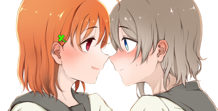 2girls blue_eyes blush clover_hair_ornament ear_blush face-to-face from_side grey_hair hair_ornament hairclip looking_at_another love_live! love_live!_sunshine!! multiple_girls open_mouth orange_hair profile red_eyes school_uniform short_hair sweat takami_chika watanabe_you yopi_(17418235) yuri