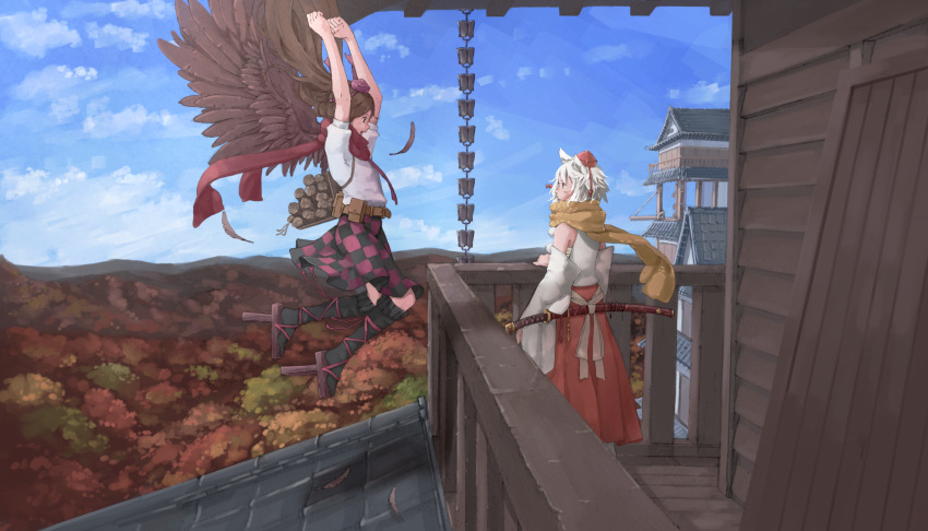 2girls animal_ears architecture arm_at_side arms_up autumn autumn_leaves balcony bare_arms bare_shoulders belt black_legwear blue_sky blush_stickers brown_hair brown_wings checkered checkered_skirt day detached_sleeves east_asian_architecture feathered_wings feathers floating floating_hair forest from_behind from_side full_body geta hand_on_railing hand_rest hat highres himekaidou_hatate inubashiri_momiji katana long_hair long_skirt looking_at_another multiple_girls nagi_(xx001122) nature no_tail open_mouth outstretched_arms pom_pom_(clothes) railing red_scarf scarf sheath sheathed shirt short_hair short_sleeves skirt sky socks standing sword tengu-geta tokin_hat touhou twintails utility_belt very_long_hair weapon white_hair wide_sleeves wings wolf_ears yellow_scarf