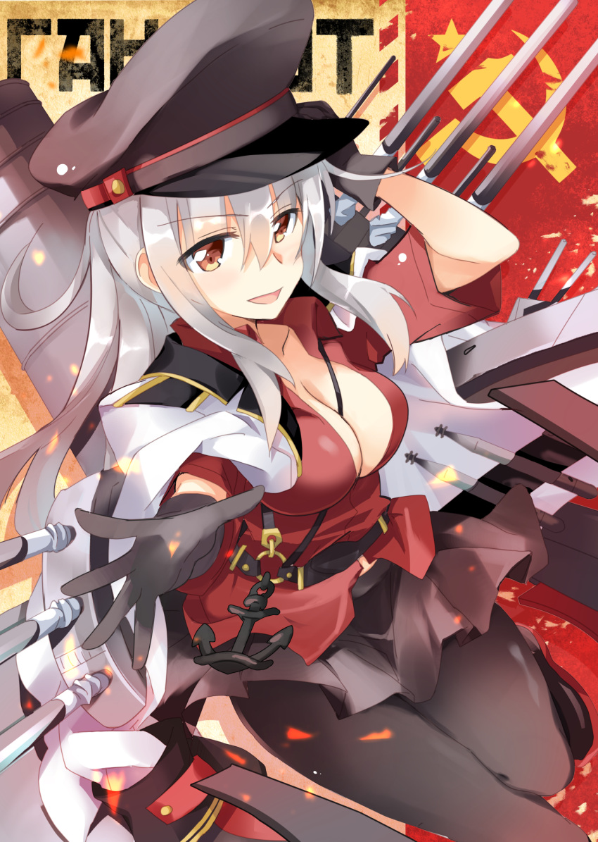 1girl black_gloves black_hat black_legwear black_skirt cannon character_name cyrillic gangut_(kantai_collection) gloves grey_hair hammer_and_sickle hat highres hizuki_yayoi jacket jacket_on_shoulders kantai_collection long_hair military military_hat military_jacket military_uniform orange_eyes pantyhose peaked_cap red_shirt remodel_(kantai_collection) rigging russian scar_on_cheek shirt skirt solo torpedo turret uniform white_jacket